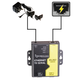 Standard Ethernet to Serial device ES-257 (2xRS232) can still recieve data from the Ethernet port, but needs to be connected to a separate power source.